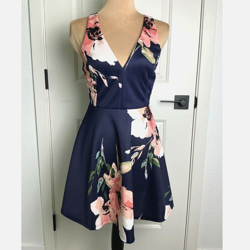 Charlotte Russe Navy Pink Floral Fit & Flare Dress M Cross Back